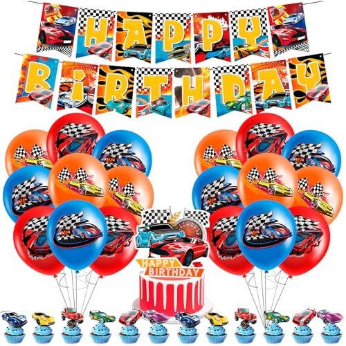 Pianocean Hot Wheels 44pcs Racing Balloon Set, Happy Birthday Banner, Balloons, Cake Topper for Boys Girls Birthday Party Supplies Decorations