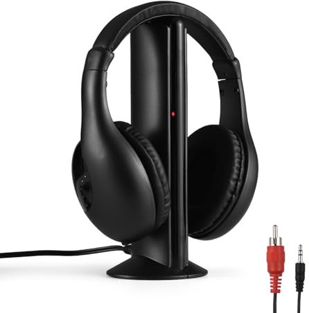 Btuty Wireless Headphones with Transmitter and Decoder 5 in 1 TV Over Ear Headset 98ft Wireless Range FM Radios Monitoring Wired Headphones Transmitter with Fiber Optic Port Coaxial Port