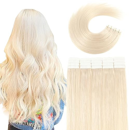 VINBAO Invisible Tape in Extensions Echthaar Blond Haarverlängerung Echthaar Platin Blond Remy gerade natürliche Unsichtbare Glatt 35 cm 20 Stück 50g/Pack Tape in 14 Zoll #60