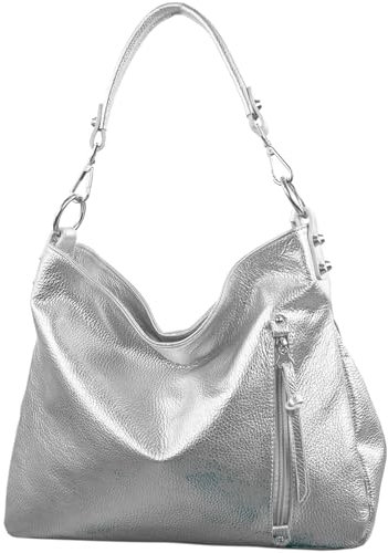 modamoda de T183 Damen Schultertasche Handtasche Tragetasche Echtleder Groß handmade in Italy, Farbe:Silber-Metallic