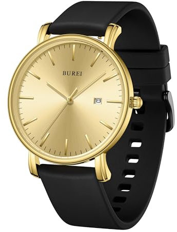BUREI Herren Armbanduhren Mode Minimalistisch Analog Silikon Quarz Wasserdicht Uhren für Männer (Gold/Schwarz)
