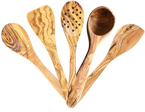 Olive Wood Cooking Utensils Set, Handcrafted Spoons Set of 5, Non-Stick, Comfortable Grip Wooden Utensils Set, Includes (Spoon, Spatula, Slotted Spoon, Ladle & Corner Spoon)