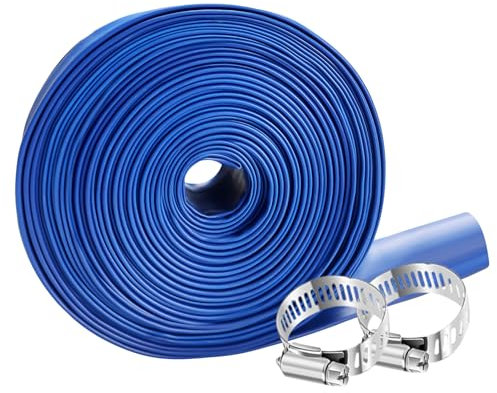PoolyPoly Tuyau de Refoulement Plat avec 2 Collier Serrage, 15m / Ø38mm Tuyau de Décharge Flexible de Pompe pour Jardin, Piscine, Bassin, Bleu