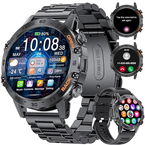 Men's Smart Watch for Android iOS 1.39 HD Round Dial Bluetooth Phone Call Smartwatch for Men Black Stianless Steel,Health Monitor,2 Watch Straps,400 mAh Battery,100+ Sport Modes Activity Tracker