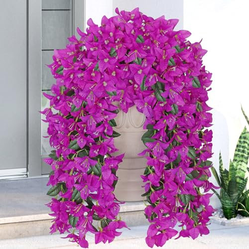 UXORSN 2 Pièces Fleurs Artificielles Suspendues Extérieures Plantes Artificielles Exterieur Bougainvillier Fleurs Artificiel Résistantes aux UV pour Extérieure Jardin Patio Balcon Décor (Violet)