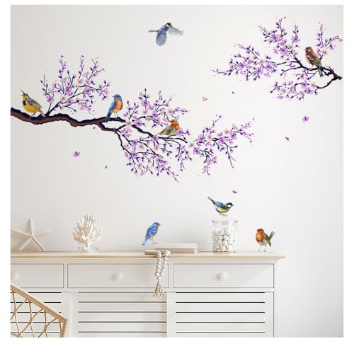 Codulu Flores Moradas Ramas Árbol Pájaros Pegatinas de Pared | Vinilos Decorativos,Decoración mural de acuarela,para niñas y adultos,dormitorio,salón,fondo sofá/TV,hogar/oficina