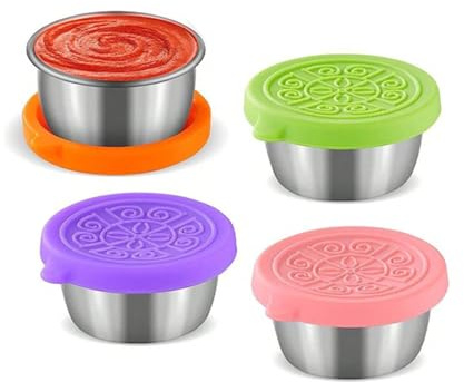 Recipient Sauce Vinaigrette,4 Pièces 50ml Petit Récipient à Sauce en Acier Inoxydable avec Couvercles en Silicone Boîte à Alimentaire Dressing Réutilisables pour Pique-niquer Transporter Voyager