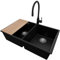 PRIMAGRAN Fregadero Granito Negro 76x47cm, Cocina 2 Senos + Grifo 40x38cm + Sifón + Tabla de cortar, Sobre encimera al mueble 80cm - London Slim Twin