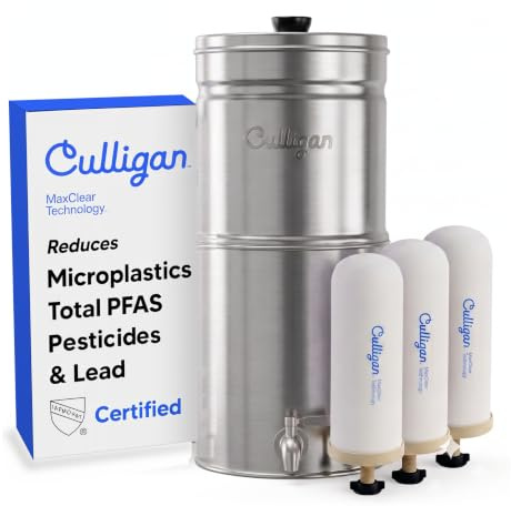 Culligan MaxClear Gravity Water Filter System - Microplastics, Lead & PFAS | IAPMO Certified | Portable & Nesting | 3 Gallon | 3 Ceramic + Carbon Filters Included | Premium Polished Stainless Steel