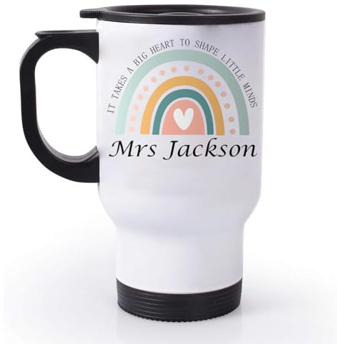 EKAM Personalised Teacher Travel Mug “It Takes a Big Heart to Shape Little Minds” End of School Year Gift Customise with Teacher’s Name - 14oz Stainless Steel Travel Mug Gift for Teachers (Design 03)