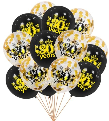 Gleemix Luftballons 30.Geburtstag Deko, 16 Stück Schwarz Gold Konfetti Ballons, 12 Zoll Latex Ballon 30. Geburtstag, für Männer Frauen Jubiläum Geburtstags Party