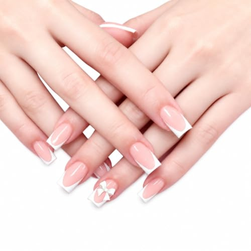 24 Stück Nägel zum Aufkleben,French Design mit Schleifen Square Fake Nails | 24 Stück,Rosa-Weißes French Design,3D-Schleifenakzent,Soft Square; mittlere Länge,für Maniküre und Nail Art