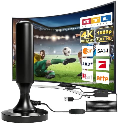 DVB-T2 Antenne mit Verstärker Magnetfuß, Innen & Außen Zimmerantenne für Fernseher, 4K Full HD Digital TV Empfang ohne Kabel & Satellit, 5m Koaxialkabel, kompatibel mit Allen DVB-T/DVB-T2 Receivern