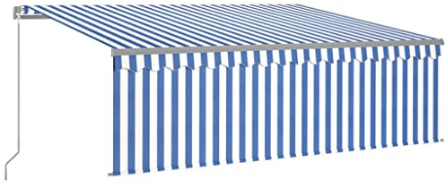 LKJephalotrop Tenda da sole con braccio articolato, 4 x 3 m, retrattile manualmente, con tenda a strisce, con manovella e mantovana, protezione solare per terrazza e balcone, blu e bianco