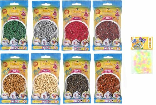 Happy Price Toys Hama Midi Bügelperlen (Kon-15) Konvulut 8 Farben (Grün,Braun,Grau,Rotbraun,Hellbraun,Beige,Violettrot,Maulbeer) + 100 HPT Leuchtperlen (Glimmen im Dunkeln)