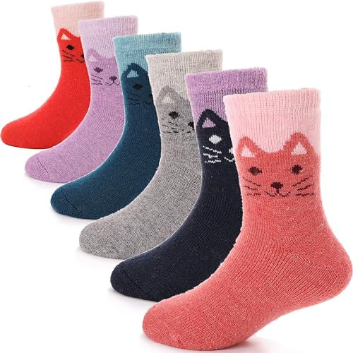 ANTSANG Kinder Mädchen Jungen Socken Warme Wollsocken Wandersocken Dicke Wolle Thermosocken Geschenke Kindersocken Weihnachtsgeschenke 6 Paar(Katzen,4-7 Jahre)