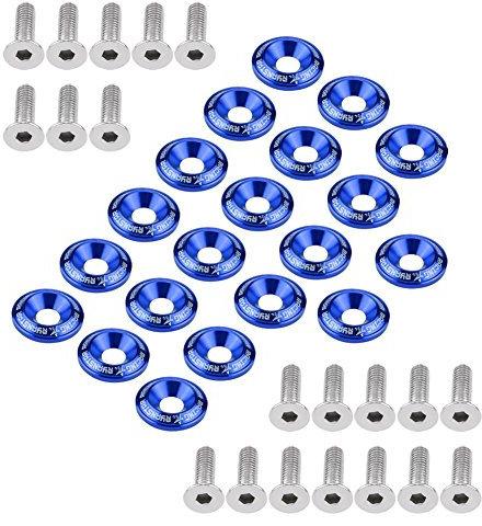 Keenso Auto Stoßstange Unterlegscheibe Schrauben Kit, 20 Sätze Universal Auto CNC Billet Aluminium eloxierte Unterlegscheiben und Schrauben für Kotflügel, Stoßstangen, Scheinwerfer, Kofferraum (Blau)