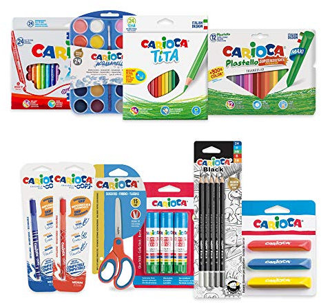 Carioca Back to School Schreibwaren-Set mit Bunt- und Graphitstiften, Aquarellfarben mit Pinsel, Markern, radierbaren Stiften, Wachsstiften, Radiergummis, Scheren und Klebestiften, 100 Stück