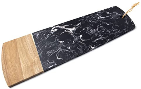 Black Marble & Acacia Serving Board 60 x 20cm - Single - Marble Cheese Board, Serving Platter