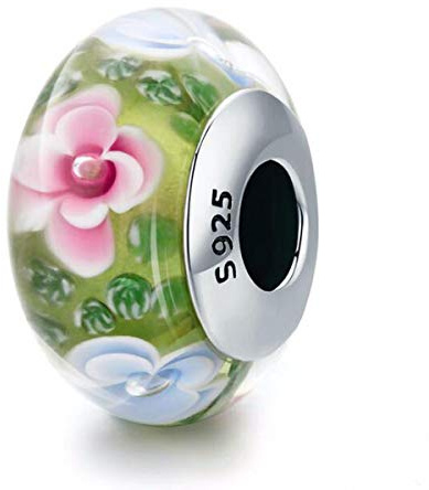 ZiNuo Breloque en forme de fleur en verre de Murano et argent sterling pour bracelet Pandora compatible avec les bracelets européens, Verre Argent Verre Fleur Argent