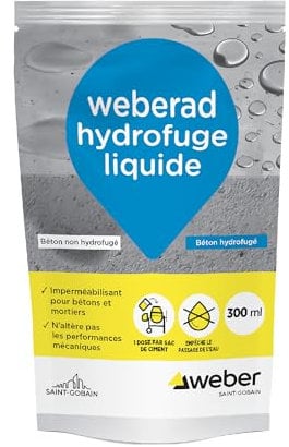 Hydrofuge liquide pour imperméabilisation des mortiers et bétons, 300ml, WEBERAD HYDROFUGE, WEBER