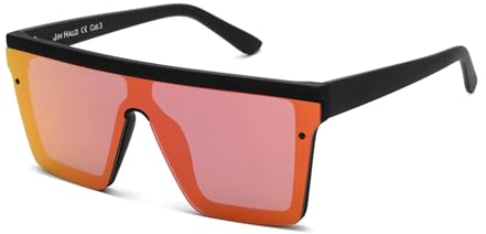 JIM HALO Flat Top Shield Sonnenbrille Square Mirror Randlose Brille für Damen Herren (Schwarzer Rahmen/Mirror Red Lens)