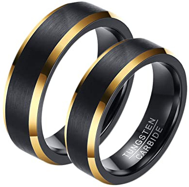 Beydodo Wolframcarbid Ringe Paar, Verlobungsringe Partnerringe für 2,6MM Matt Ring Schwarz Gold Damen Gr.57 (18.1) + Herren Gr.67 (21.3)