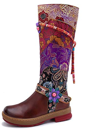 Socofy - Stivali lunghi da donna, in pelle, con tacco lungo, stile vintage, fatti a mano, con fodera in pelliccia, stivali invernali da neve, cowgirl, motivo di splicing, antiscivolo, per feste e