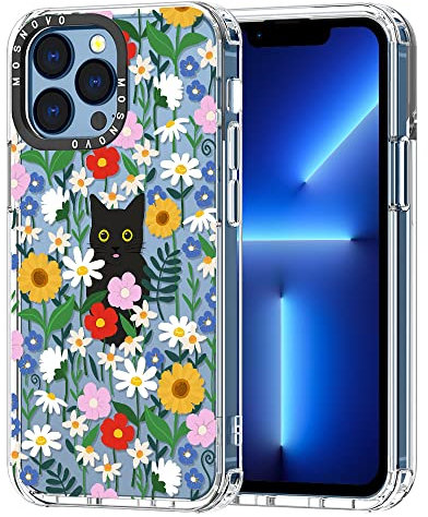 MOSNOVO Case for iPhone 13 Pro, [Buffertech 6.6ft Military-Grade Drop Protection] [Anti Peel Off Tech] Clear TPU Bumper Phone Case Cover Design - Black Cat in Garden