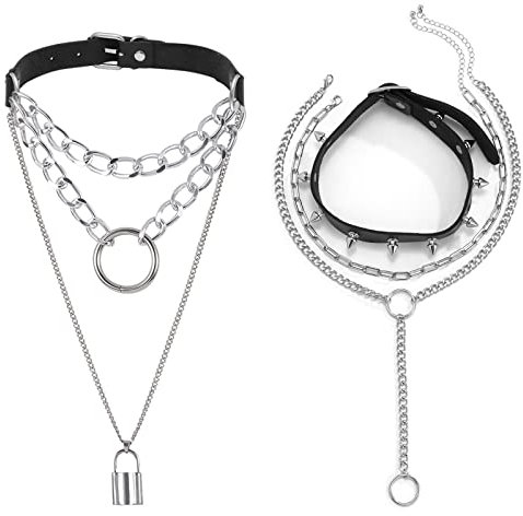 JewelryWe Gothic Leder Halsband Damen: 2 Stück Punk Geschichtet Spike Nieten Choker Kette mit Schloss O-Ring Anhänger Lange Y Kragen Halskette Verstellbar Layered Halsreif Halloween Schmuck Schwarz