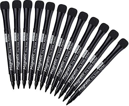 Willingood Whiteboard Stifte, Magnetische Whiteboard Marker mit Schwamm, Trocken Löschbare Folienstift mit Radiergummi Weißwandstifte für Tafel Schule Büro, 12 Stücke Schwarz