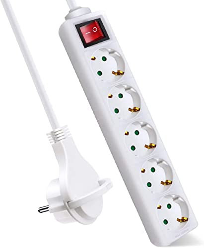 EXTRASTAR Regleta Alargador con 5 Enchufes e Interruptor, Cable 1.5M Clavija Plana, para el hogar, Oficina y Viajes, 16A, 250V, 3680W, Blanco