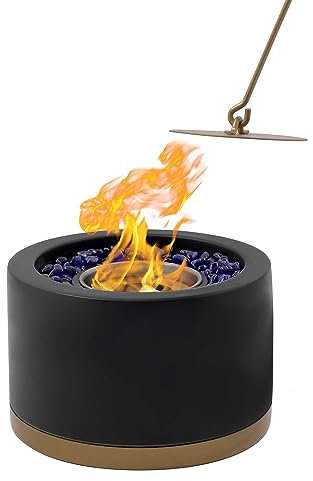 Runde Tisch-Feuerstelle für den Innen- und Außenbereich, tragbarer Mini-Kamin, rauchfrei, mattschwarz, goldener Akzent