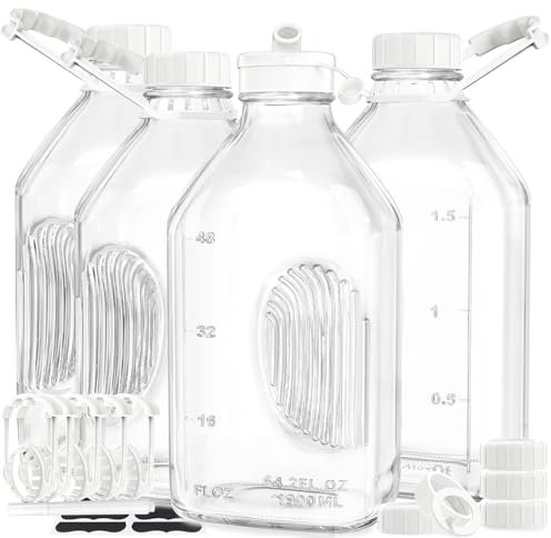 Syntic 4 Pack 2 Qt Glass Milk Bottles with Handle and Airtight Reusable Screw Lids, 1/2 Gal Glass Water & Juice Bottles, 64 Oz Milk Jug Pitcher w Scale