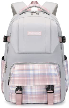SHINsuke Kawaii Laptop-Rucksack Preppy Plaid Check Bookbag JK Niedlich Japanische Ästhetik Computer Tagesrucksack Canvas Schultasche, GRAU