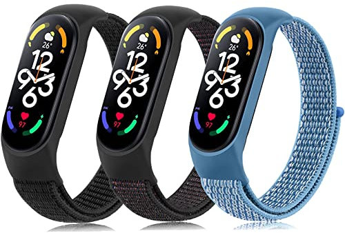Wanme 3 Piezas Correa Compatible con Xiaomi Mi Band 7/6/5 y Amazfit Band 5, Pulsera de Repuesto de Nylon Suave para Mujer y Hombre