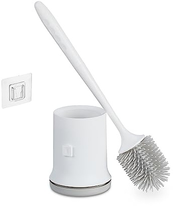 Relaxdays Toilettenbürste mit Wandhalterung, schnelltrocknend, WC-Bürste, Behälter, ohne Bohren, Kunststoff, weiß-grau | WC-Bürste, Behälter, ohne Bohren, Kunststoff