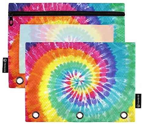 Quteprint Hippy Swirl Batik-Bleistiftbeutel für 3-Ringbinder, 2 Stück Reißverschluss Federmäppchen mit transparentem Fenster, Bleistiftbeutel, Ordnertaschen, Organizer-Tasche für Büro, Zuhause,