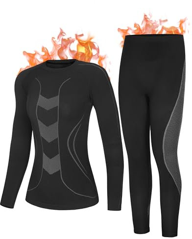 Roadbox Thermounterwäsche Set Damen - Warm Funktionsunterwäsche Damen Motorrad,Unterteil und Oberteil lang Funktionsunterwäsche Skiunterwäsche für Winter(schwarz grau,S)