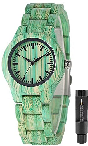 Tiong Damen Holzuhr, wasserdichte Quarzuhr für Damen, mit einstellbarem Armband, Armbanduhr im natürlichen Grün Für Damen