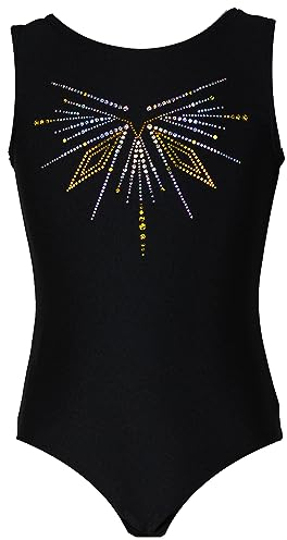 Gymnastikanzug Sterne Lycra Mädchen Turnanzug Kurzarm Kinder Turnbody kurzärmlich, Größe:140, Farbe:Lycra in Schwarz/JUWEL