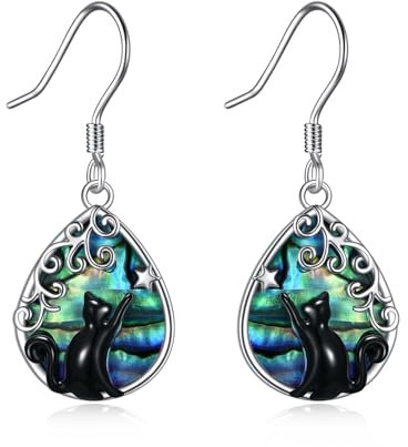 YFN Ohrringe Katze Sterling Silber Schwarz Katze mit keltischen Tropfen Baumeln Ohrringe Geschenke für Damen
