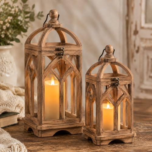 Staymoment Farmhouse Lanterns Decorative Indoor: 11 & 15 Set of 2 Brown Wooden Candle Holder Lanterns for Table Centerpiece Fireplace Mantle Home Decor