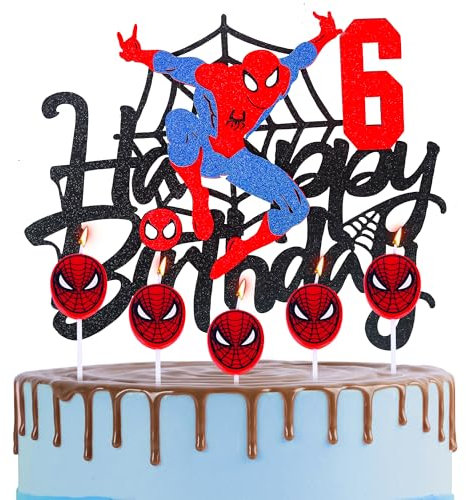 Spider-man 6th Birthday Cake Topper with Candle Red Spider Candles Cake Decorations for Boys,Happy 6th Spider Theme Party Candles Cake Cupcake Topper for Boys Girls 6th Birthday Decor