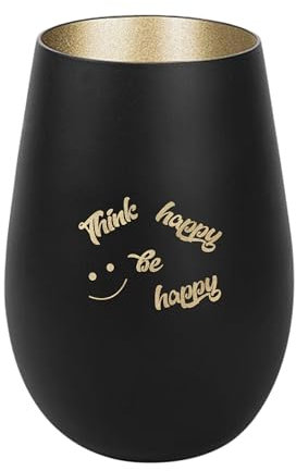 Der-Porzellan-Laden Windlicht mit Gravur Think Happy be Happy, Schwarz Gold, Teelichthalter aus Glas mit Spruch, Tischdeko modern