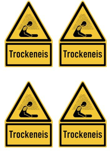 Aufkleber: 150x100 mm, 4 Stück - Trockeneis - Warnzeichen mit Text (deutsch) (gelb/schwarz) - Dreick - W041 - DIN EN ISO 7010 / ASR A1.3