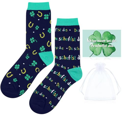 Otuuz Glück Geschenk Set inklusive Du Schaffst Das Glückssocken Lustige Socken Vierblättrig Kleeblatt Postkarte Organzasäckchen Du Schaffst Das Geschenk Glück Glücksbringer