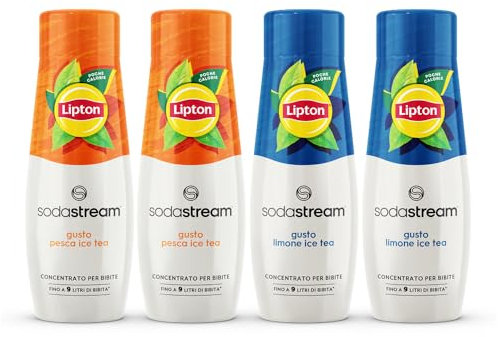 Sodastream 4 Concentrati per la preparazione di bevande dissetanti 2 al limone 2 alla pesca. 440ml per preparare fino a 9 litri di bibita