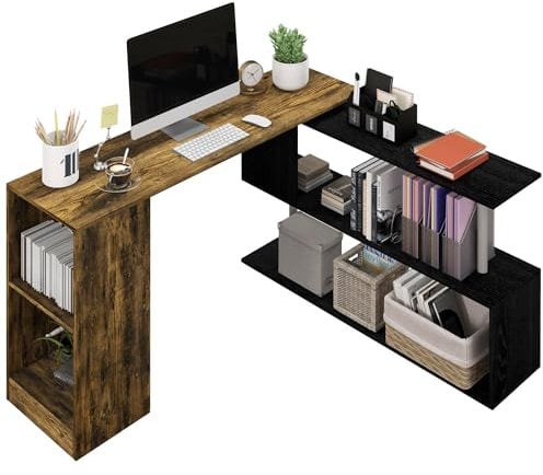 HOMCOM Platzsparender Eckschreibtisch mit S-Regal, Moderner Holzschreibtisch, 140x120x78 cm, Rustikales Braun und Schwarz