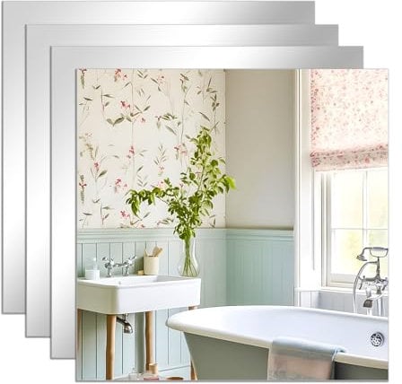 TSKDKIT Stick On Mirror Tiles 4pcs 30 x 30cm Self Adhesive, Long Wall High Clear Glass Sheet for Wardrobe Doors, Bathroom, Bedroom